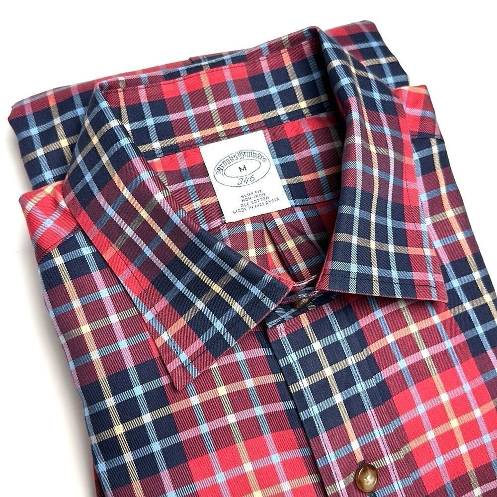 Brooks Brothers Cotton Slim Fit Button Down Casual Shirt Red Blue Plaid M